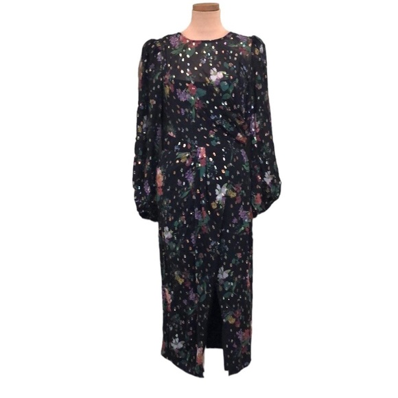 AMUR Sabine Midi Dress Size 10 Black Metallic Floral Print Puff Sleeve Draped - Picture 1 of 14